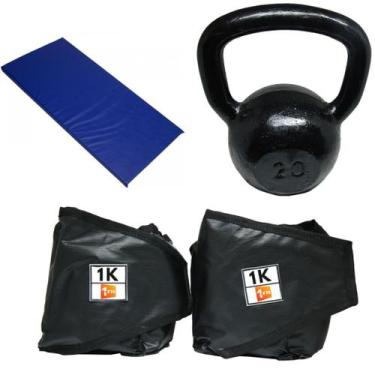 Imagem de Kit Colchonete Azul + Par de Caneleira 1Kg + kettlebell Pintado20kg - 