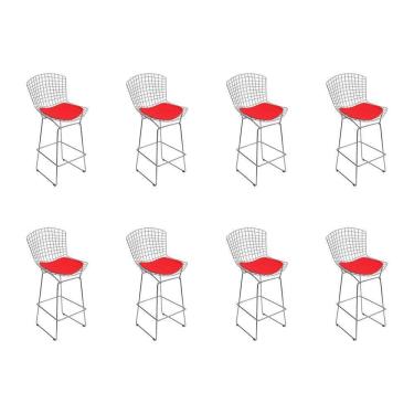 Imagem de Kit 8 Banquetas Bistrô Bertoia Cromada D60 Com Assento Sintético Vermelho