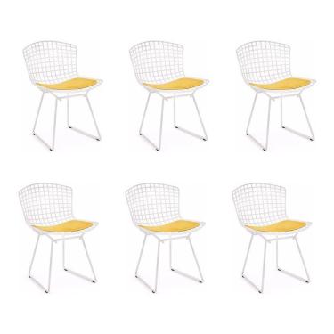Imagem de Kit 6 Cadeiras Bertoia Branca Com Assento Amarelo