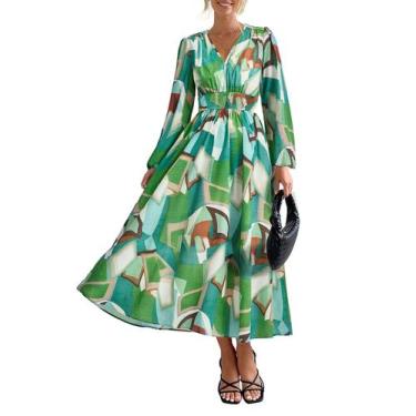Imagem de Vestido Midi Floral PRETTYGARDEN com Decote V e Manga Longa Verde M