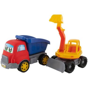 Imagem de Caminhão Caçamba + Trator Escavadeira de Brinquedo Kit - Maral, Vermel
