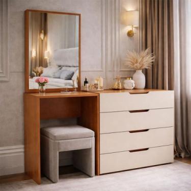 Imagem de Cômoda Madrid 4 Gavetas com Espelho Creme/Freijó - Politorno, Bege