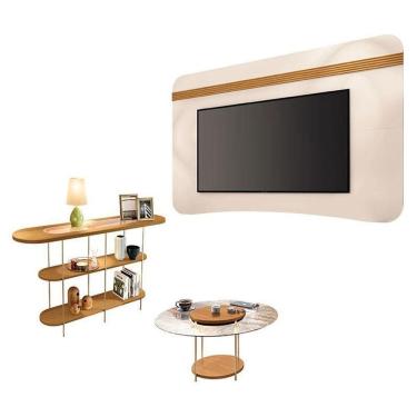 Imagem de Painel Suspenso Armony Com Mesa De Centro Sky Com Tampo De Vidro E Aparador Infinity Off White Cinamomo - Hb Móveis