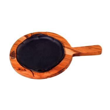 Imagem de Chapa para Petisco Redonda Redondo em Ferro Fundido com Suporte de Madeira para Fogão e Churrasqueira Panela Mineira