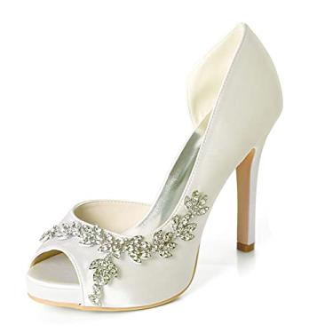 Imagem de Sapatos de noiva de casamento feminino stiletto marfim peep toe cetim sapatos de salto alto com strass 35-42,Ivory,8 UK/41 EU