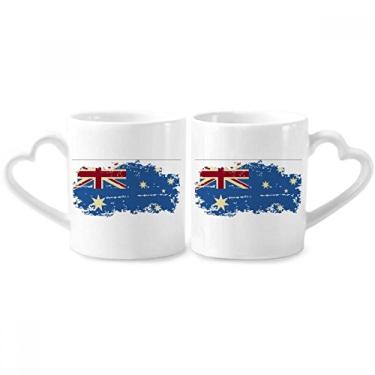 Imagem de Bandeira do sabor da Austrália ilustração retrô casal caneca de porcelana conjunto de cerâmica copo amante alça de coração