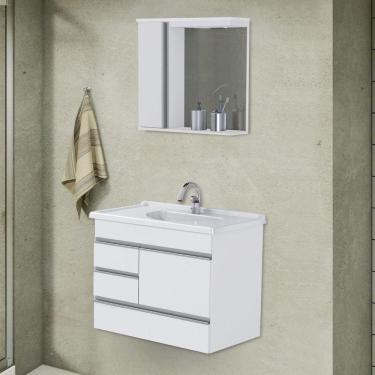 Imagem de Conjunto de Banheiro Gabinete Suspenso com 2 Gavetas e 1 Gavetão com Espelheira e Cuba AJ Rorato Texturizado Branco