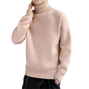 Imagem de WOLONG Suéter de gola rolê masculino solto de malha suéter de gola rolê masculino quente casual, Cor creme, X-Large