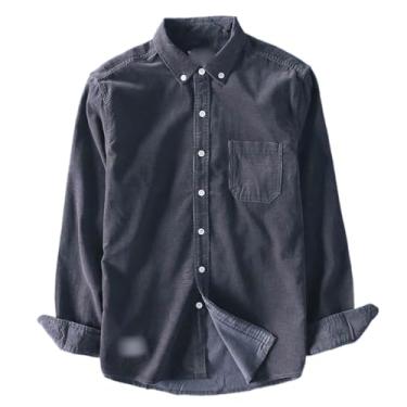 Imagem de WOLONG Camisa masculina de veludo cotelê de manga comprida, ajuste regular, gola abotoada, com bolso no peito, camisas masculinas casuais, Cinza escuro 9, P