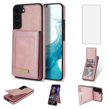 Imagem de Asuwish Capa de celular para Samsung Galaxy S21 5G 6,2 polegadas carteira com protetor de tela de vidro temperado e compartimento para cartão de crédito fino RFID S 21 21S G5 mulheres homens ouro rosa