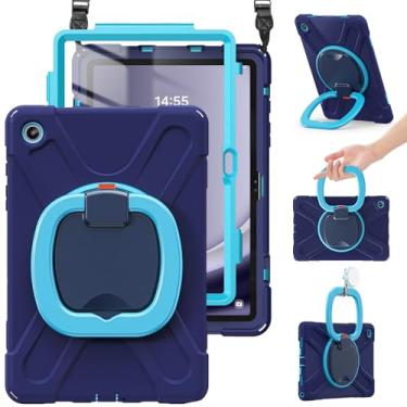 Imagem de BRAECN Capa para Samsung Galaxy Tab A9+ Plus 2023 SM-X210/X216/X218, capa de silicone resistente com suporte giratório de 360 graus, protetor de tela, alça de ombro, suporte estável, azul marinho