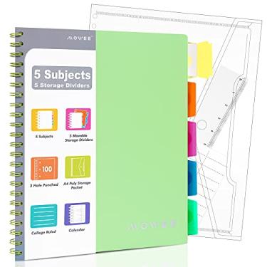 Imagem de MOWEE Caderno espiral – Caderno com 5 matérias, caderno pautado universitário com 3 furos perfurados com divisórias, bolsos de armazenamento, régua de 28 cm, 100 folhas de 200 páginas, para escrever
