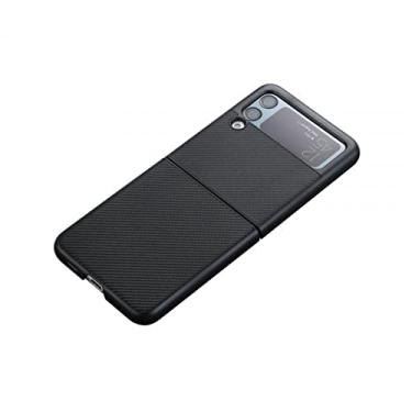 Imagem de KOMISS Capa para Samsung Galaxy Z Flip 3/Z Flip 4, capa traseira protetora dobrável com padrão de fibra de carbono ultrafina de luxo, capa de telefone de couro PU de plástico rígido, preta, Z Flip4