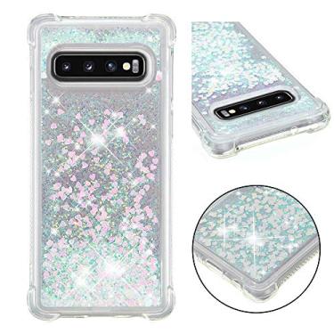 Imagem de LEMAXELERS Compatível com Galaxy S10, capa transparente com glitter brilhante flutuante areia movediça à prova de choque capa protetora de silicone macio TPU para Samsung Galaxy S10. YBL Love prata
