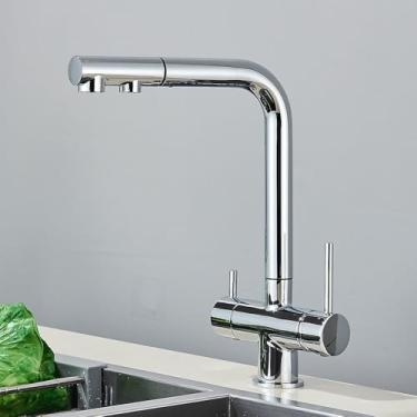 Imagem de Purificador de água Torneira de cozinha Preto Pull Out Filtro flexível Torneiras de cozinha Guindaste Latão 2 em 1 Torneira misturadora de água quente e fria, Torneira cromada