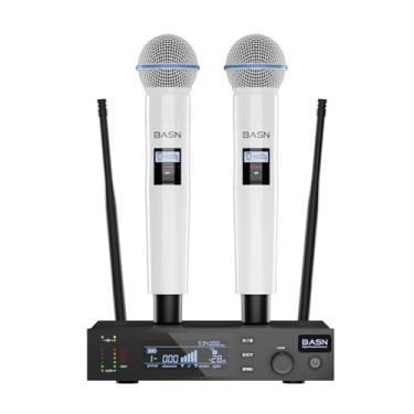 Imagem de Sistema de microfone sem fio BASN UHF Dual Channel, microfones portáteis para palco, karaokê, casamentos, DJs e eventos (branco)
