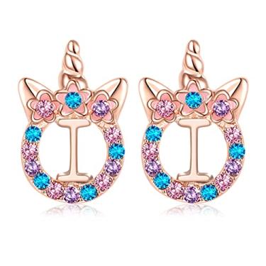 Imagem de TRWWELL Brincos de unicórnios, presentes para meninas, brincos de zircônia cúbica com inicial de unicórnio em ouro rosa para crianças, crianças, strass, letra inicial, unicórnio, brincos, joias para