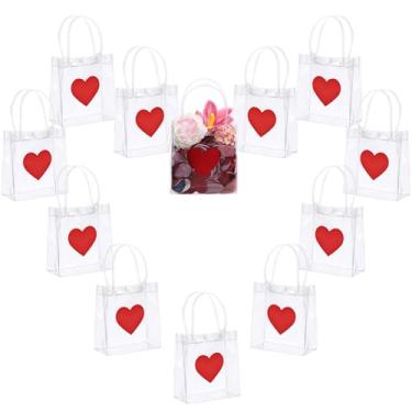 Imagem de Glenmal 24 peças de sacos de presente transparentes de dia dos namorados com alça sacos de embrulho de presente de PVC transparente com botão, sacolas plásticas de coração vermelho, sacolas de compras