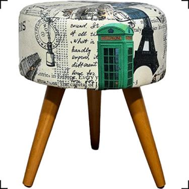 Imagem de Puff Redondo Decorativo Para Sala Pé Palito Castanho Suede Estampado (Paris Azul/Verde)