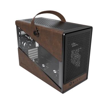 Imagem de MONTECH Heritage PRO mATX, chassi compacto de couro para jogos com design de alça exclusiva, suporta GPUs RTX 50 Series, ATX PSU e 360 mm AIO, 4 ventiladores pré-instalados, gancho para fone de ouvido