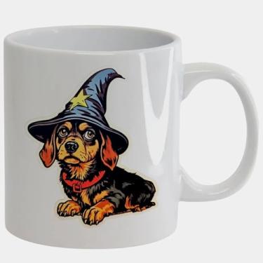 Imagem de CANECA PORCELANA BRANCA - 325ml - DACHSHUND CACHORRO CHAPEU MAGO