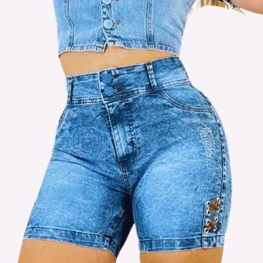 Imagem de Short Jeans Feminino Cintura Alta Lycra Empina Bumbum Com Ilhós Premiu