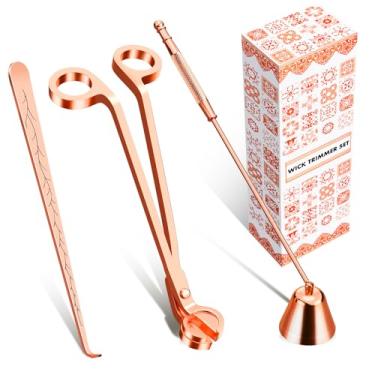 Imagem de Calary Kit de cuidados com velas 3 em 1 – conjunto de aparador de pavio, snuffer e molho (ouro rosa)