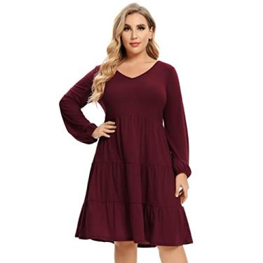 Imagem de ShopWonder Vestido feminino plus size de outono manga longa decote em V plissado vestido casual em camadas evasê vestidos midi de cintura alta, Vinho profundo, 3G