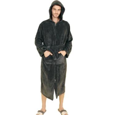 Imagem de LVTFCO Roupões de banho de lã coral com zíper bidirecional, pijama longo de flanela, ternos de spa com capuz, vestidos masculinos de inverno, cinza-GG