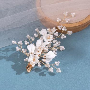 Imagem de Grampos de cabelo de pérola de casamento, presilhas de cabelo de folha de flor de cerâmica, acessórios de cabelo para mulheres e meninas