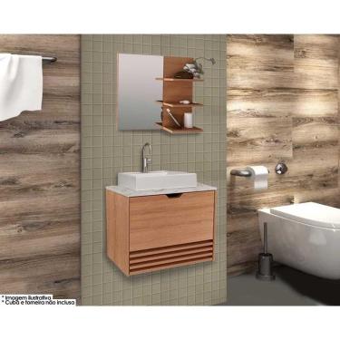 Imagem de Conjunto De Banheiro Armário C- Espelho Bn3608 E Balcão Suspenso Bn3613 S- Cuba Pia 60cm Cor Amendoa-marmore Branco - Tecno Mobili