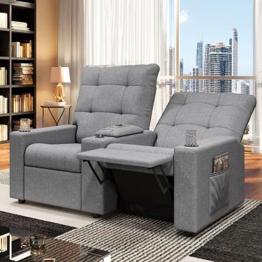 Imagem de Poltrona Do Papai Reclinável Sala De Cinema 2 Lugares Manual Baú Usb Linho Cinza