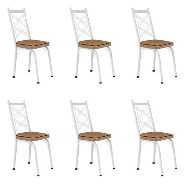 Imagem de Kit 6 Cadeiras De Cozinha Delaware Estampado Rattan Bege Pés De Ferro Branco