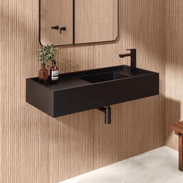 Imagem de Cuba Esculpida De Porcelanato Para Banheiro Alto Padrão 100x45x15cm Acetinado Preto