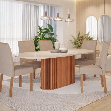 Imagem de Sala De Jantar Julieta 210cm Oval Com 6 Cadeiras Fernanda Cinamomo-off-mad-linho Bege