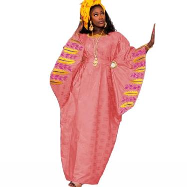Imagem de GSHAOBEN Vestido Bazin Boubou bordado africano azul royal bacia rica Dashiki Senagal Mali Bazin roupão longo nigeriano vestido de festa de casamento vestido de noiva (pêssego)