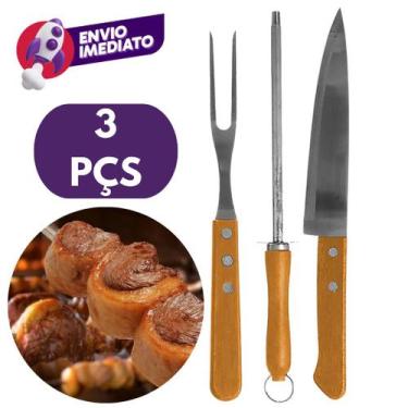 Imagem de Kit Churrasco 3 Pç Faca Peixeira 7" E Garfo Trinchante E Chaira 7" Em 