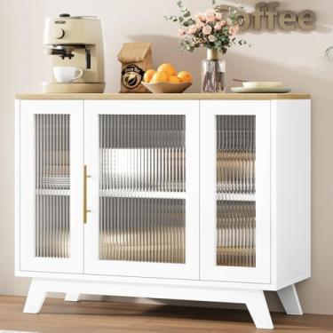 Imagem de GAOMON Armário de armazenamento acentuado, aparador buffet de 91 cm com porta de vidro canelado e prateleira ajustável, armário de café branco para cozinha, sala de jantar, sala de estar, natural