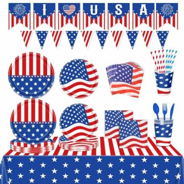 Imagem de KALOR Kit Para Festa De 4 Julho: Pratos Papel Descartáveis, Guardanapos, Copos E Toalhas Mesa, Serve 24 Convidados Decoração Veteranos Do Dia Da Independência