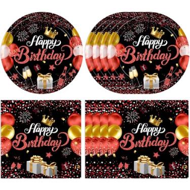 Imagem de Conjunto de 40 pratos e guardanapos de feliz aniversário preto e vermelho | Decorações de aniversário elegantes para mulheres e adultos | Pratos e guardanapos para festas festivas