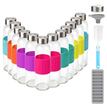 Imagem de Zukro Garrafas de água de vidro transparente com manga de silicone e tampas de 510 g, garrafas de suco de vidro reutilizáveis com tampa hermética de aço inoxidável para sucos, garrafas à prova de
