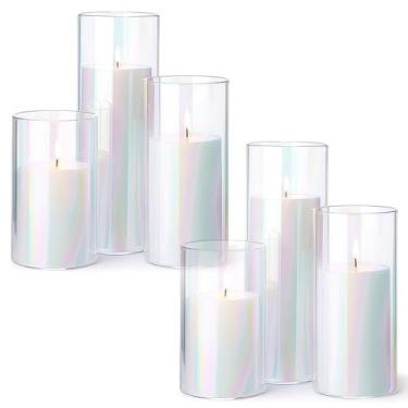 Imagem de Shihanee Conjunto de 6 velas de pilar e vasos cilíndricos de vidro, suportes de vela de cilindro transparente para velas finas e altas de pilar de centro de mesa de casamento (7 x 12 cm, 15 cm, 20 cm