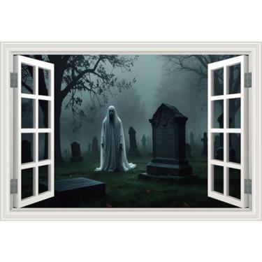 Imagem de Decalques de parede de janela falsa Halloween cemitério terror fantasmas assustadores mural arte de parede de janela falsa pôster imagem de arte de parede aberta, para decoração de quarto escritório