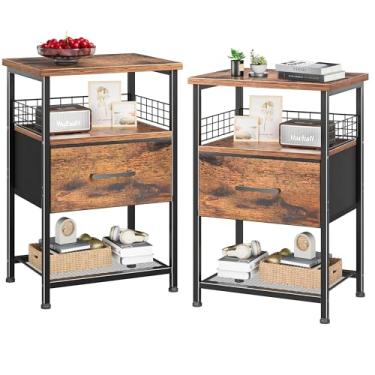 Imagem de Conjunto de 2 mesas-de-cabeceira com gaveta e prateleira de malha - Mesas de cabeceira com moldura de metal para quarto, sala de estar, dormitório | Mesas de canto modernas com espaço de armazenamento