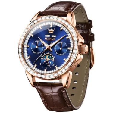 Imagem de OLEVS Relógio masculino de couro esqueleto automático mecânico turbilhão calendário fase da lua luminoso à prova d'água relógio de pulso luxuoso para negócios, 6695: mostrador azul e couro marrom