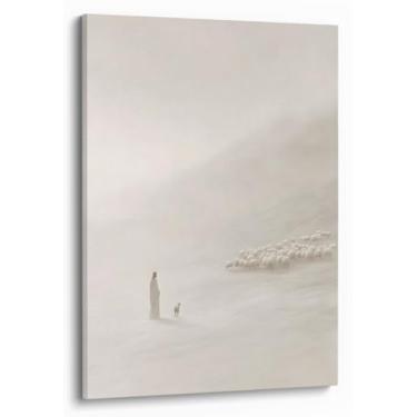 Imagem de Arte de parede cristã tela emoldurada 12x16 impressões de Jesus bege aquarela cordeiro pintura religiosa serenidade sala de oração pôsteres bíblicos católicos versículo bíblico espiritual lds