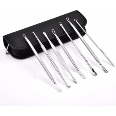 Imagem de Removedor Extrator de Cravos e Espinhas 7 Peças em Aço Inox Com Estojo e Pinças com Pontas Variadas Profissionais para Limpeza e Higiene da Pele