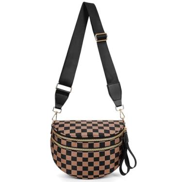 Imagem de Bolsa tiracolo feminina, bolsa de ombro de nylon, quadriculada, preta e branca, bolsa crescente, pochete quadriculada, Cáqui