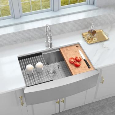 Imagem de MONSINTA Pia de cozinha de fazenda de 83 polegadas, pia de fazenda 83 x 50, pia de cozinha grande e profunda de 84 x 50 x 25 cm, pia de cozinha grande e profunda, avental de casa de fazenda de calibre