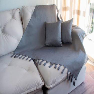 Imagem de Kit 1 Manta e 2 Capas de Almofada em Tecido Jacquard Falso Liso Cinza 